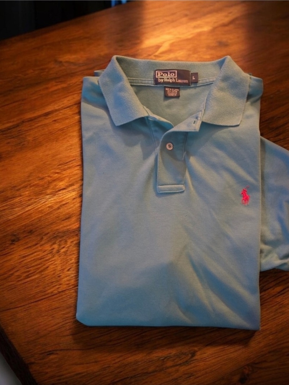 Polo by Ralph Lauren Men’s Large Classic Fit Aqua Blue Polo with Pink Pony GUC